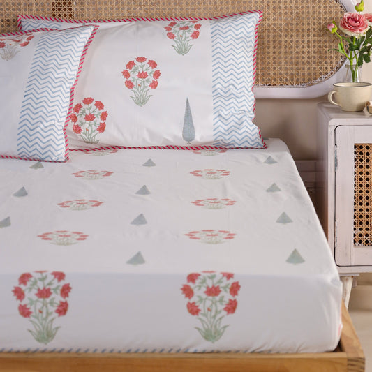 Red Peony Jaipur Hand Block Printed Fitted Sheet 100% Fine Organic Cotton.